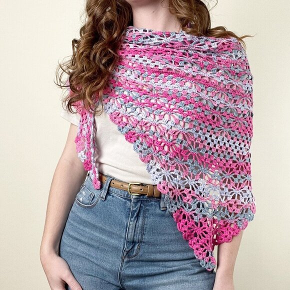 Vintage Sweaters - Handmade Open Crochet Knit Shawl Scarf Whimsical Floral Hand Made Shrug Bohemian